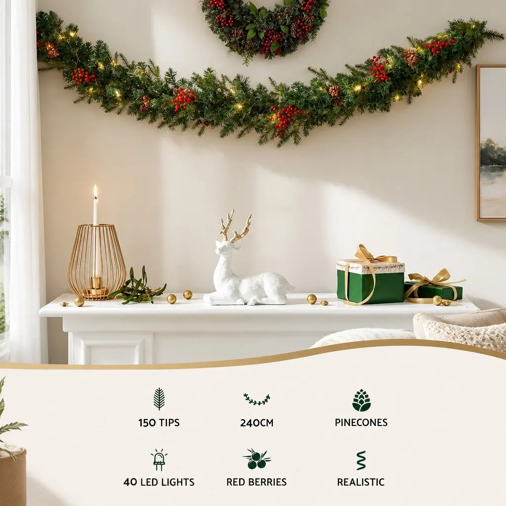 Christmas Garland Warm White 2.4m Pre-lit LED Lights Indoor Outdoor