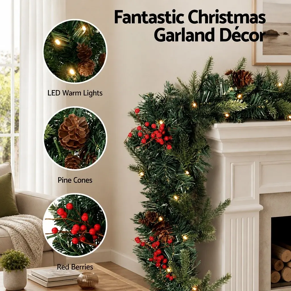 Christmas Garland Warm White 2.4m Pre-lit LED Lights Indoor Outdoor