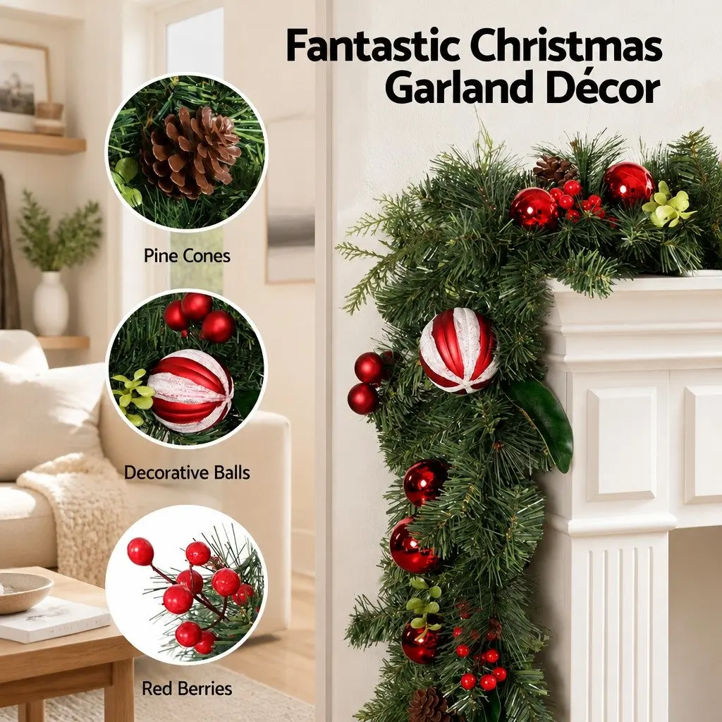 Green Christmas Garland 2.7m with Lights Pine Cones Baubles Berries Indoor Outdoor