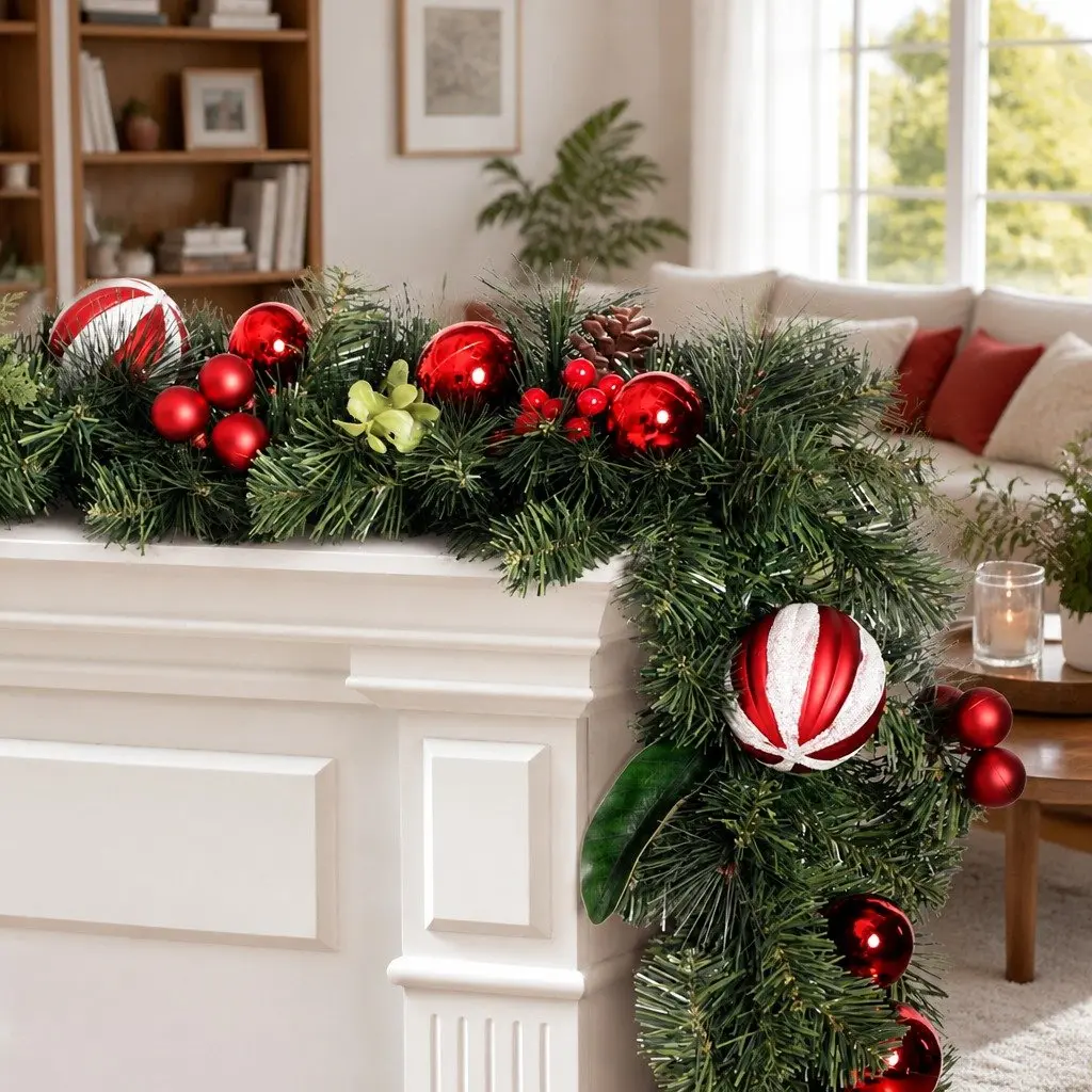 Green Christmas Garland 2.7m with Lights Pine Cones Baubles Berries Indoor Outdoor