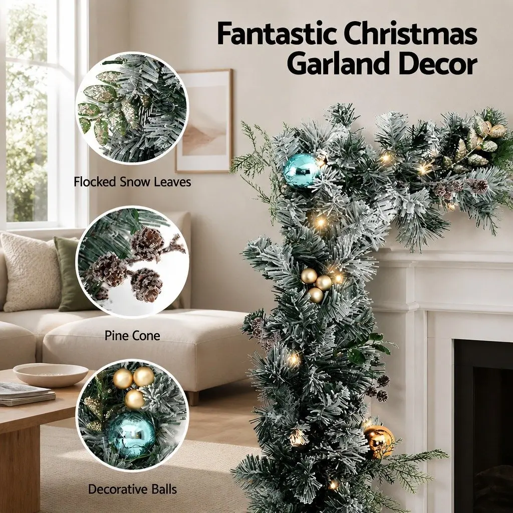 Christmas Garland Snow Frosted 2.7m Pre-lit LED Lights Indoor Outdoor Decoration