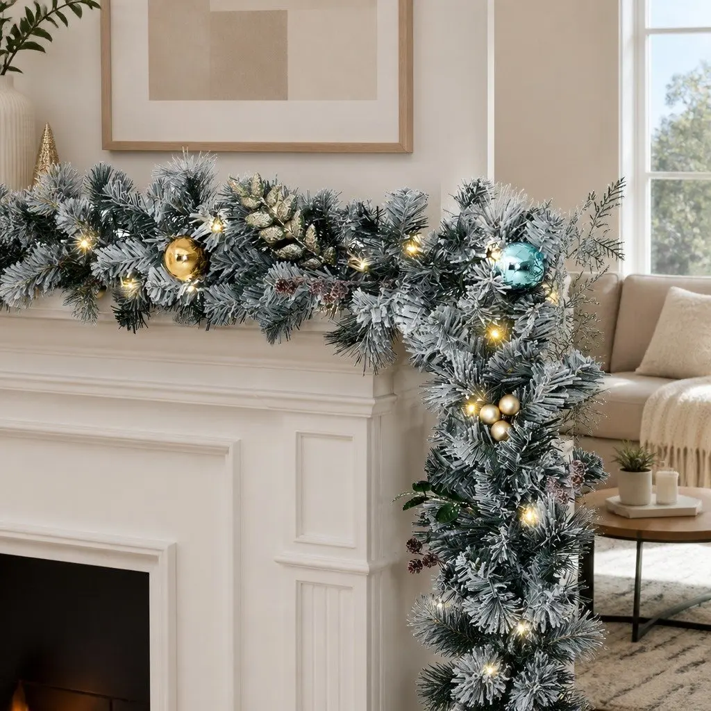 Christmas Garland Snow Frosted 2.7m Pre-lit LED Lights Indoor Outdoor Decoration