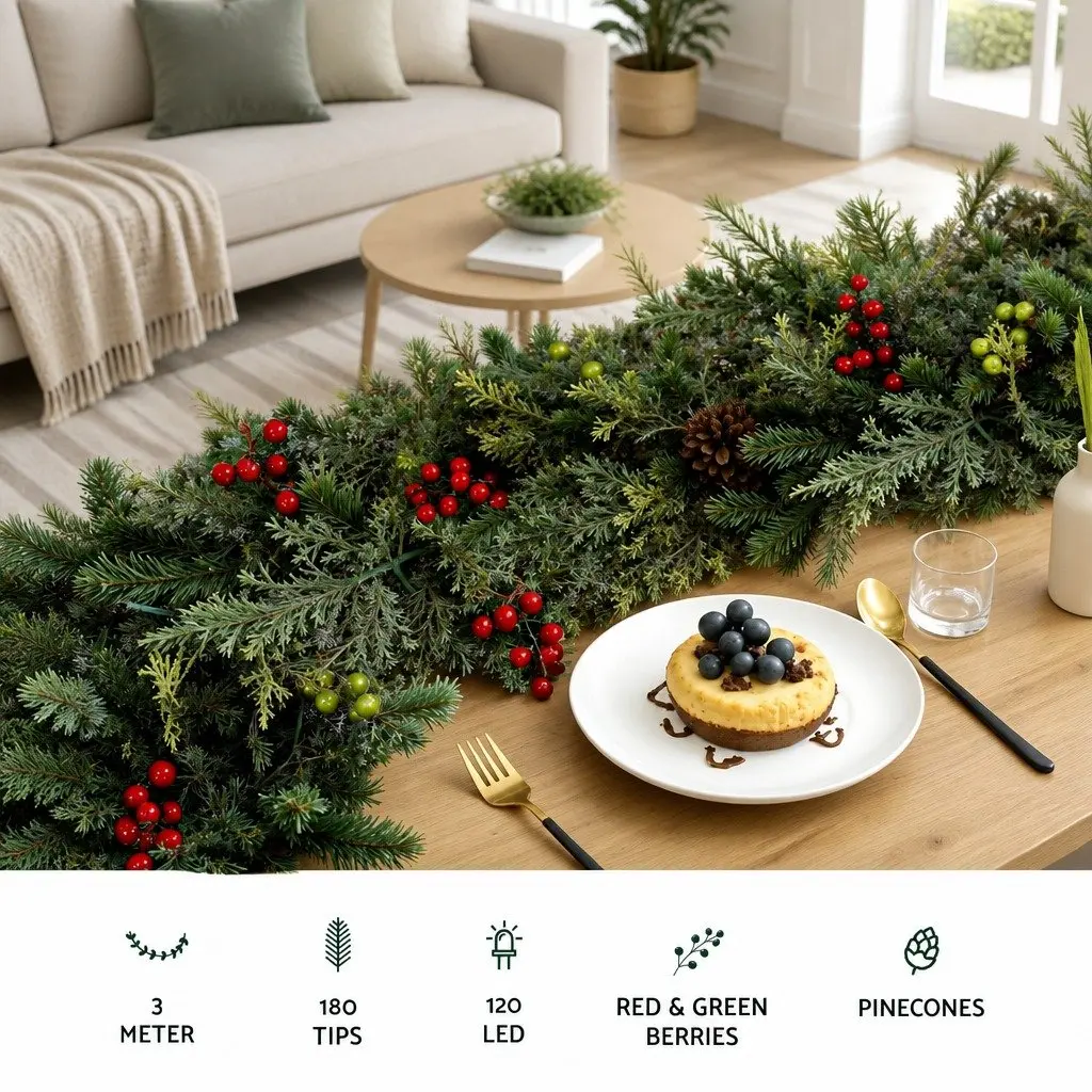 Pre-lit Christmas Garland Green 3 Metre Warm White LED Lights Pine Cones Berries Indoor Outdoor