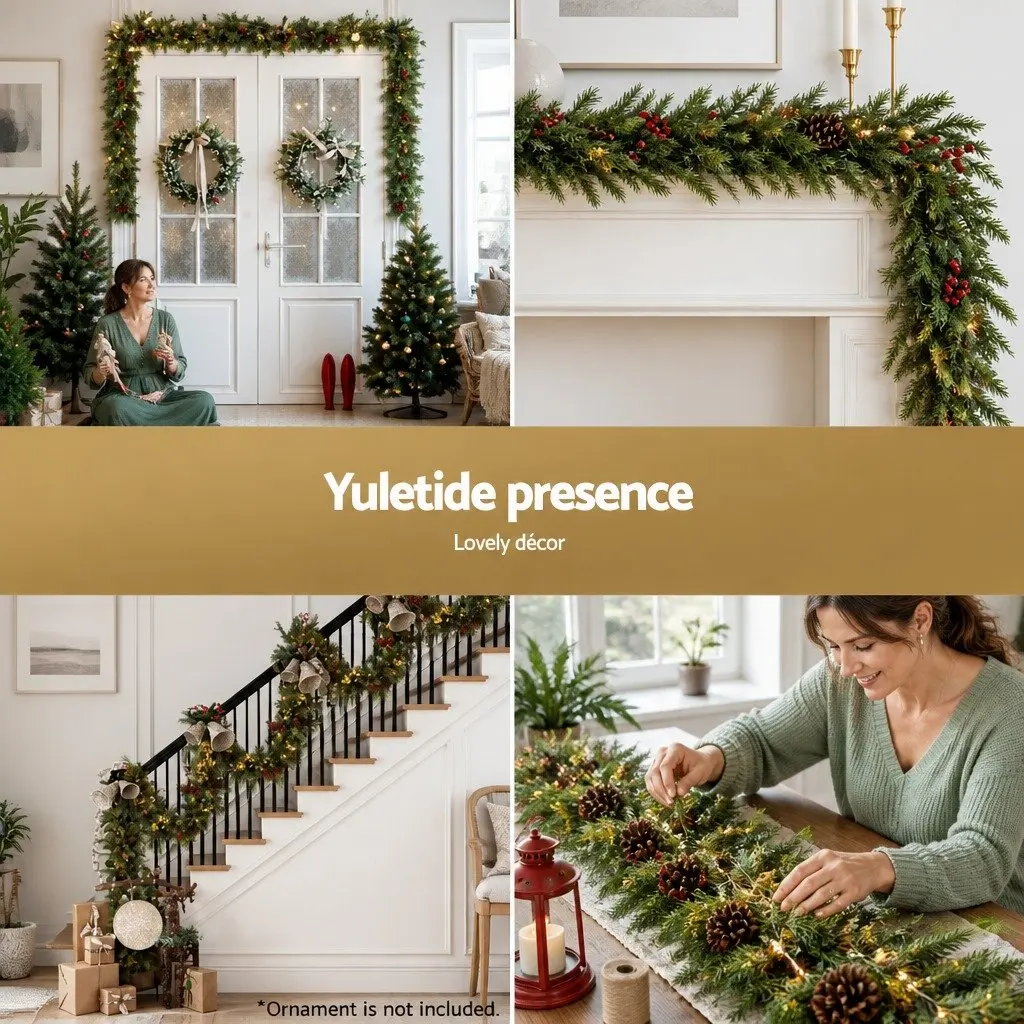Pre-lit Christmas Garland Green 3 Metre Warm White LED Lights Pine Cones Berries Indoor Outdoor