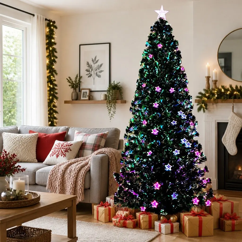 Optic Fibre Christmas Tree Green 7FT Pre-Lit Multi Colour LED Home Decor