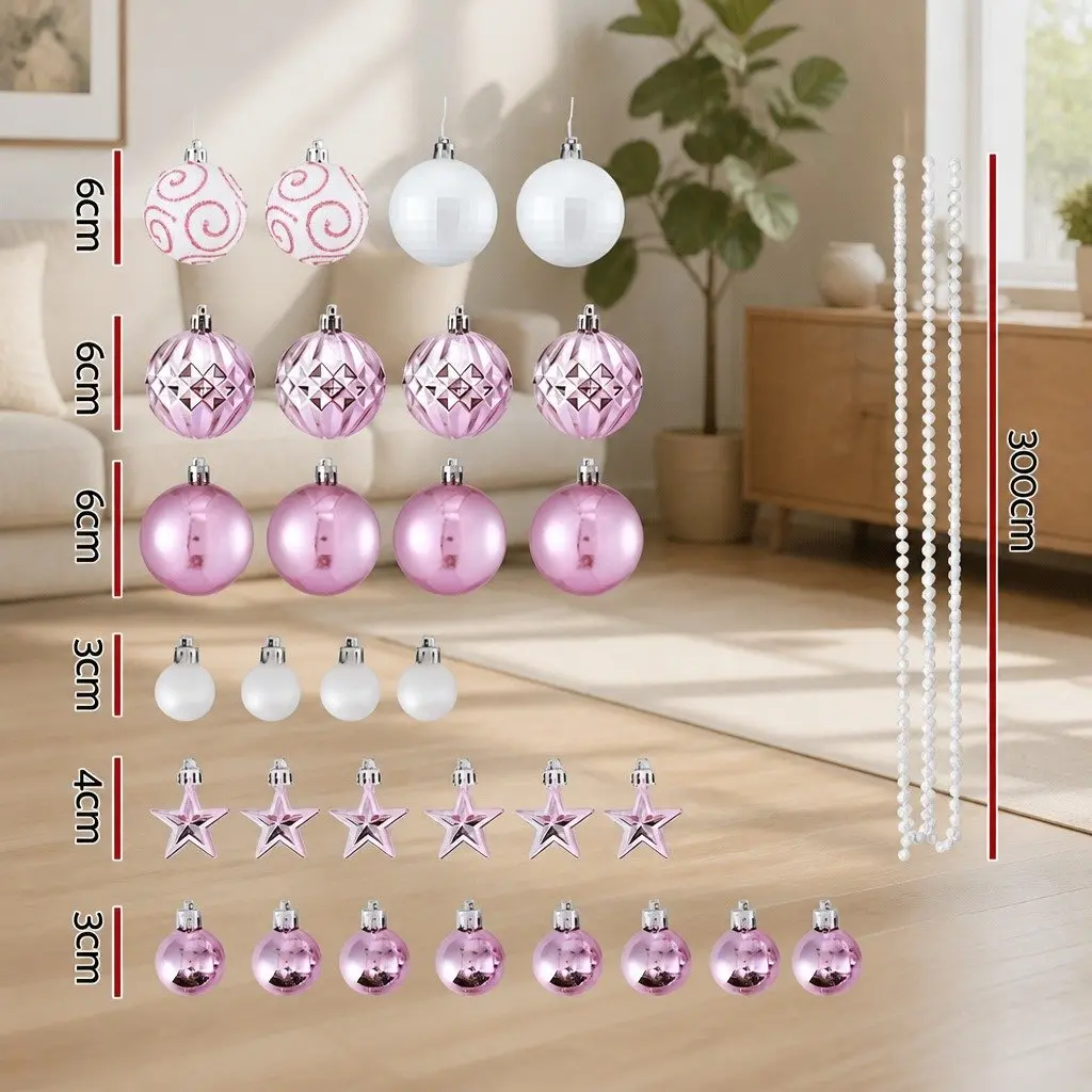 Christmas Tree Ornament Set Pink White 33 Pieces Baubles Stars Garland
