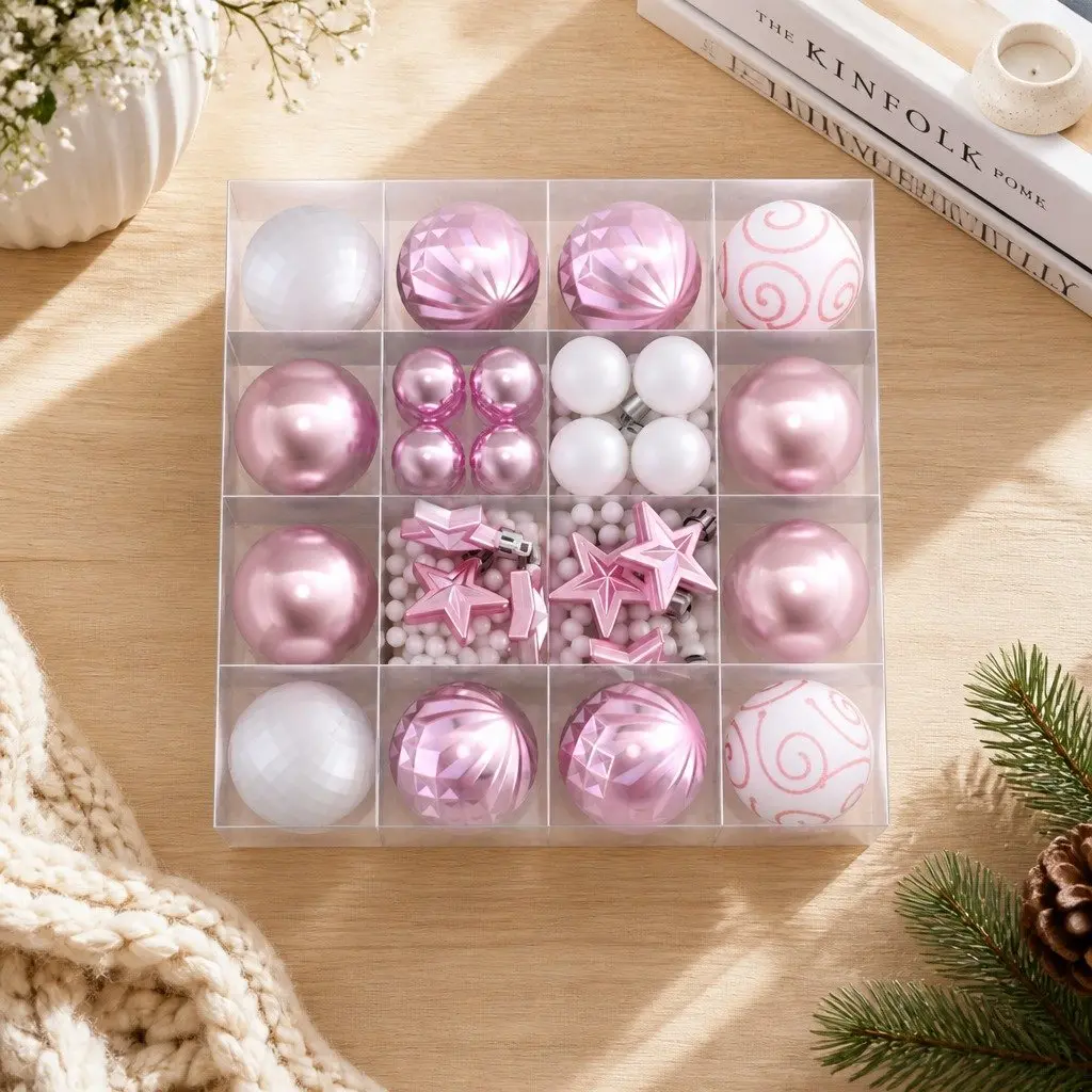 Christmas Tree Ornament Set Pink White 33 Pieces Baubles Stars Garland