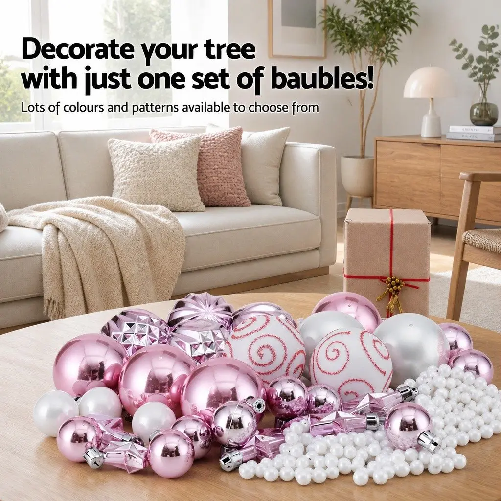 Christmas Tree Ornament Set Pink White 33 Pieces Baubles Stars Garland