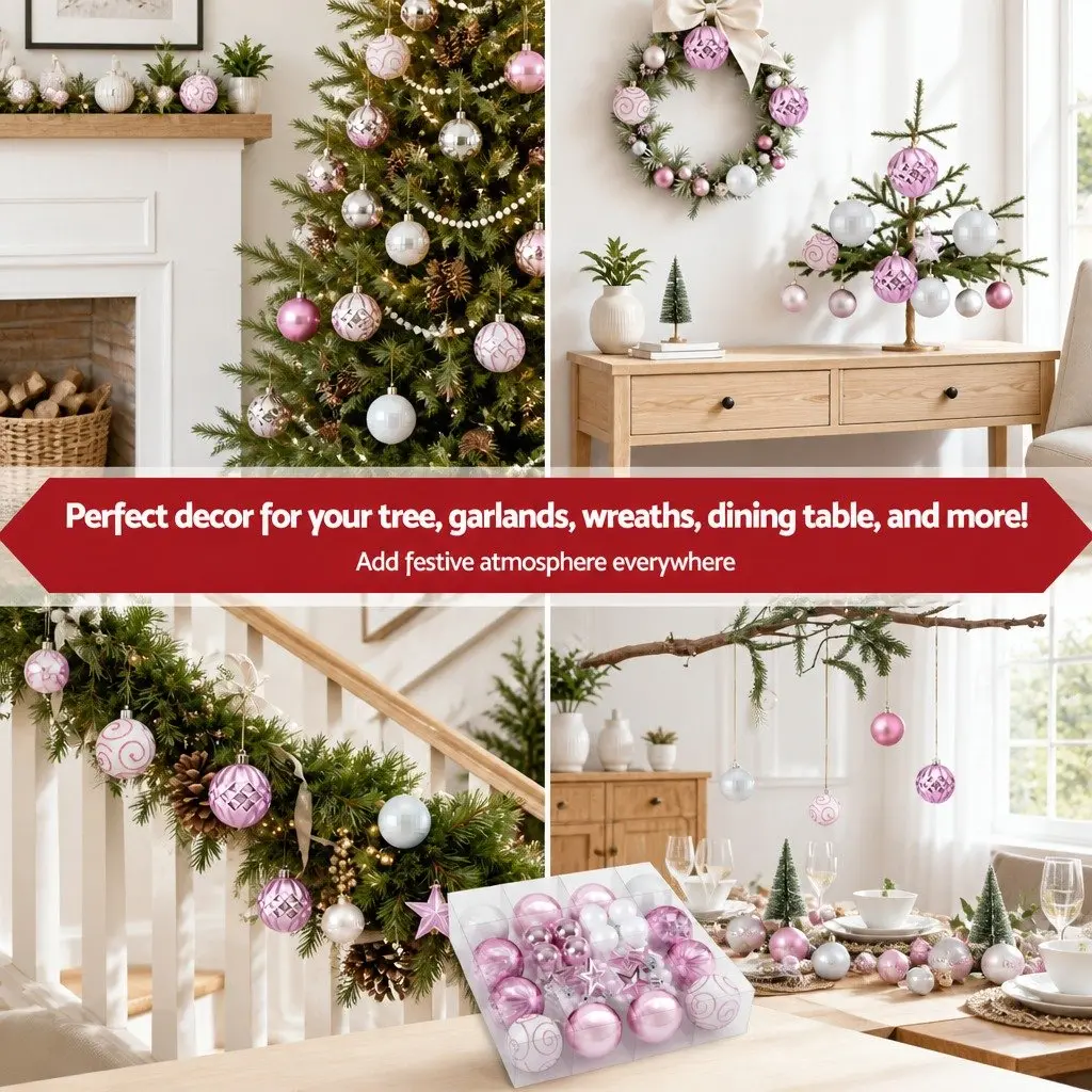 Christmas Tree Ornament Set Pink White 33 Pieces Baubles Stars Garland