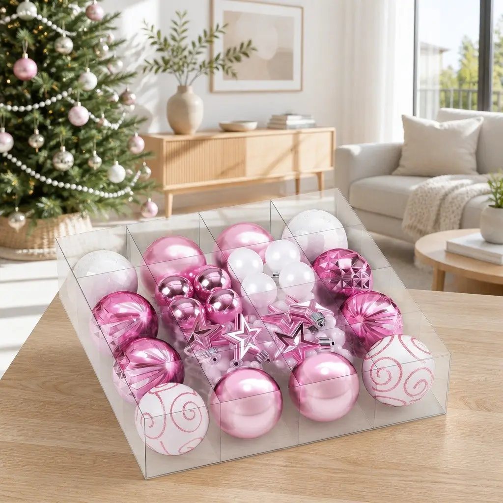 Christmas Tree Ornament Set Pink White 33 Pieces Baubles Stars Garland