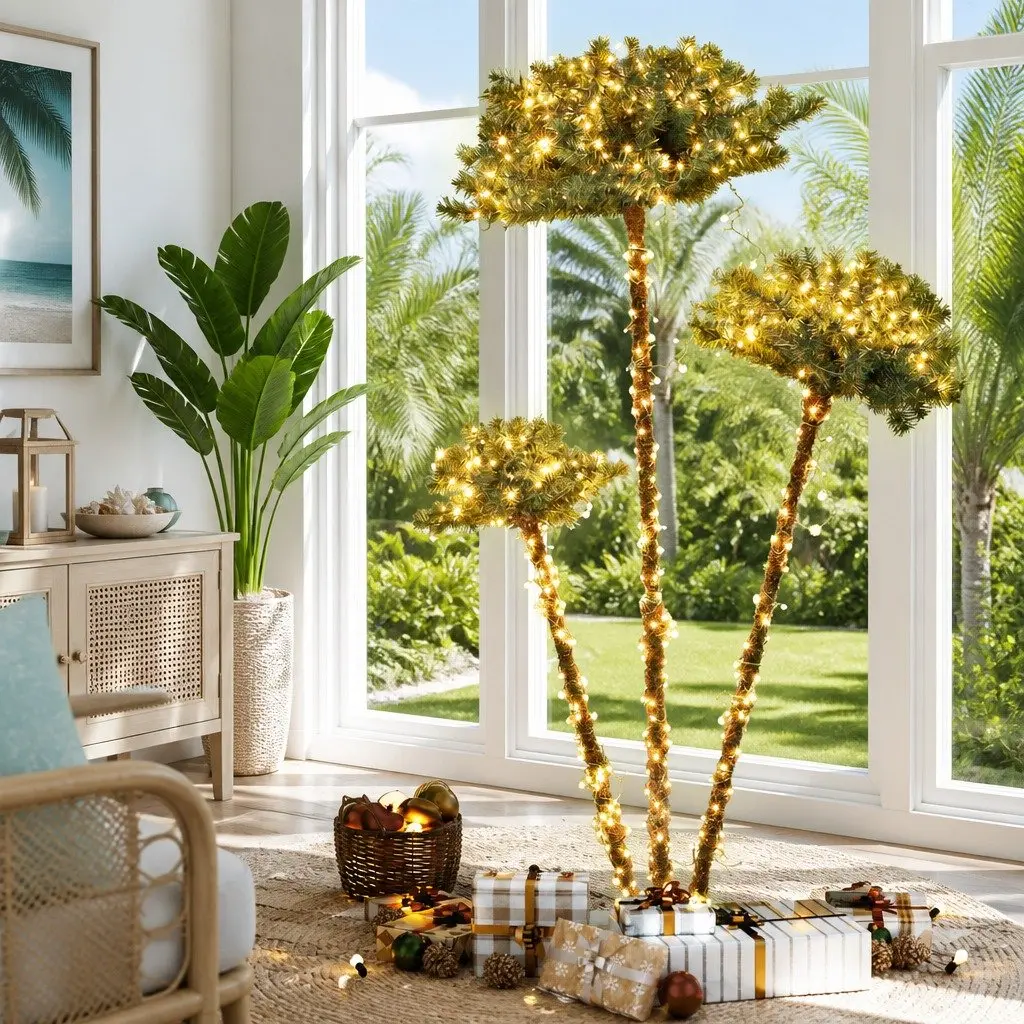 LED Christmas Palm Tree Green 3-in-1 1.2M 1.5M 1.8M Warm LED Light Indoor Outdoor Decor