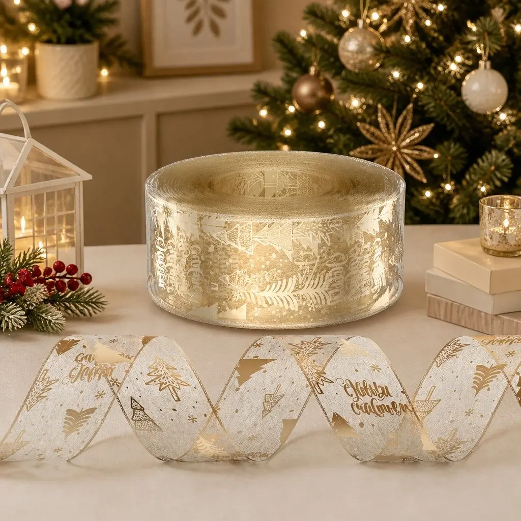Christmas Tree Ribbon Gold 20M Decorative Roll Xmas Tree Pattern