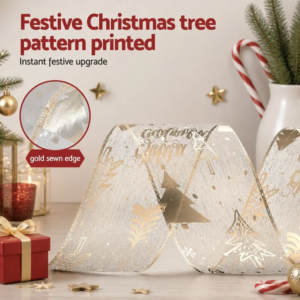 Christmas Tree Ribbon Gold 20M Decorative Roll Xmas Tree Pattern