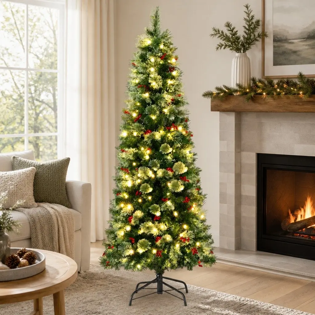 Christmas Tree 180cm LED Pine Tree with Red Berries Pre-lit for Home Decoration 6FT