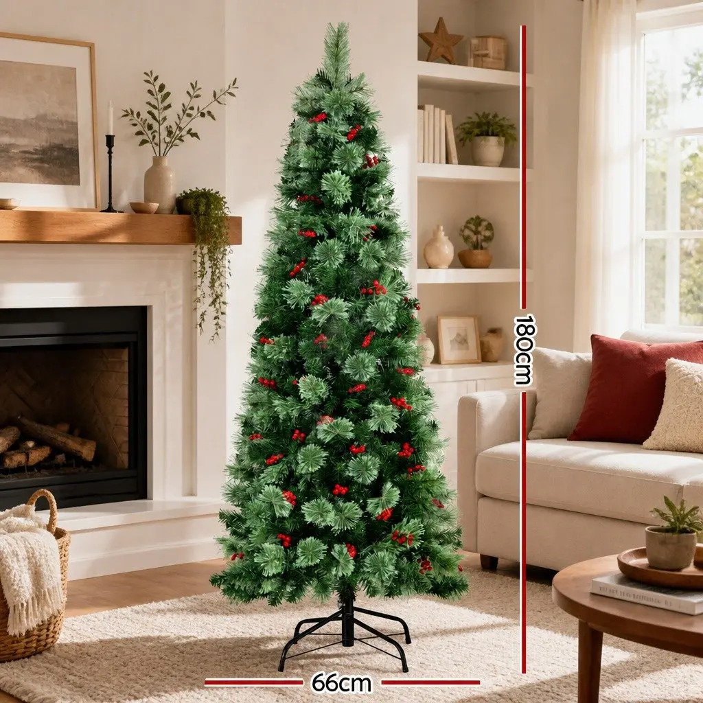 Christmas Tree 180cm LED Pine Tree with Red Berries Pre-lit for Home Decoration 6FT