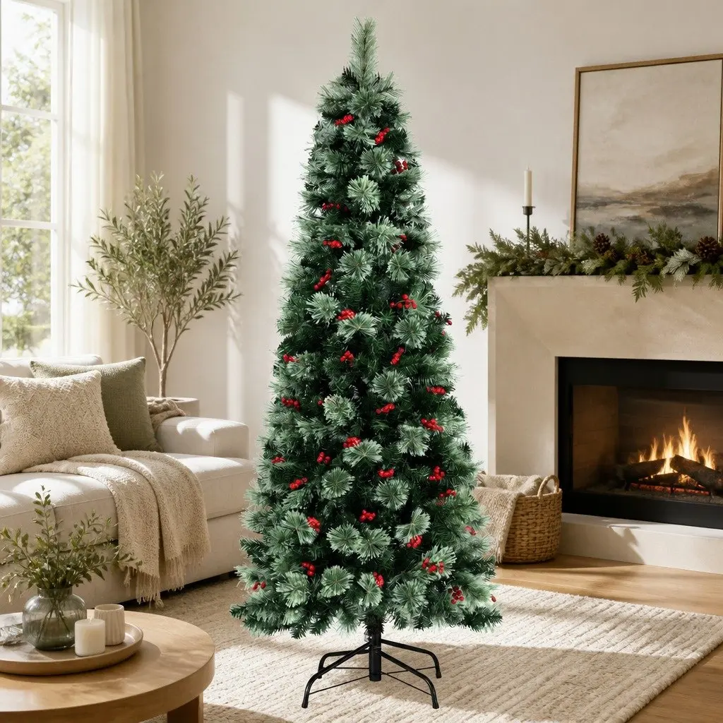 Christmas Tree 180cm LED Pine Tree with Red Berries Pre-lit for Home Decoration 6FT