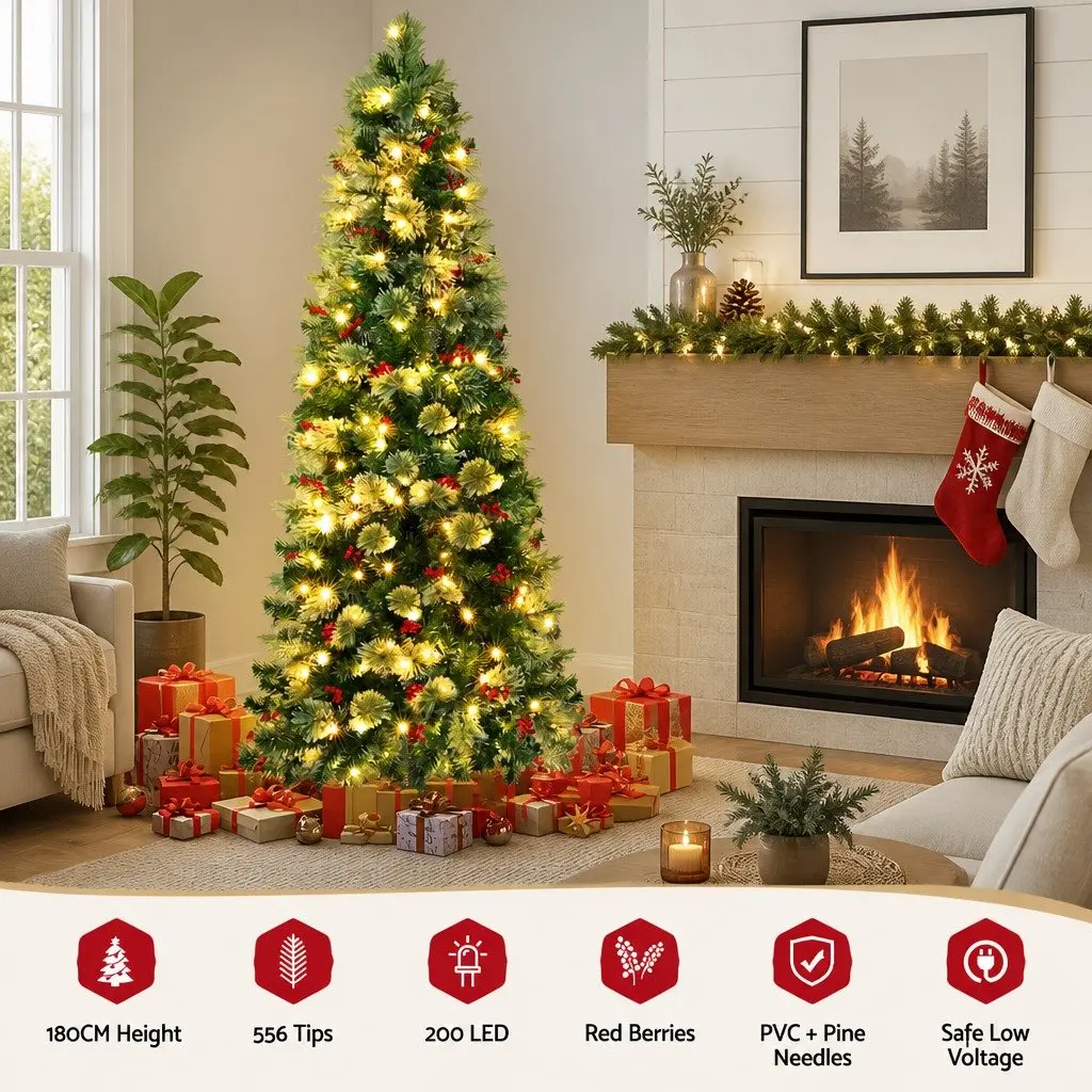 Christmas Tree 180cm LED Pine Tree with Red Berries Pre-lit for Home Decoration 6FT