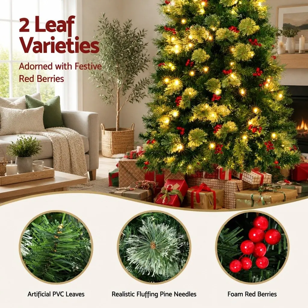 Christmas Tree 180cm LED Pine Tree with Red Berries Pre-lit for Home Decoration 6FT