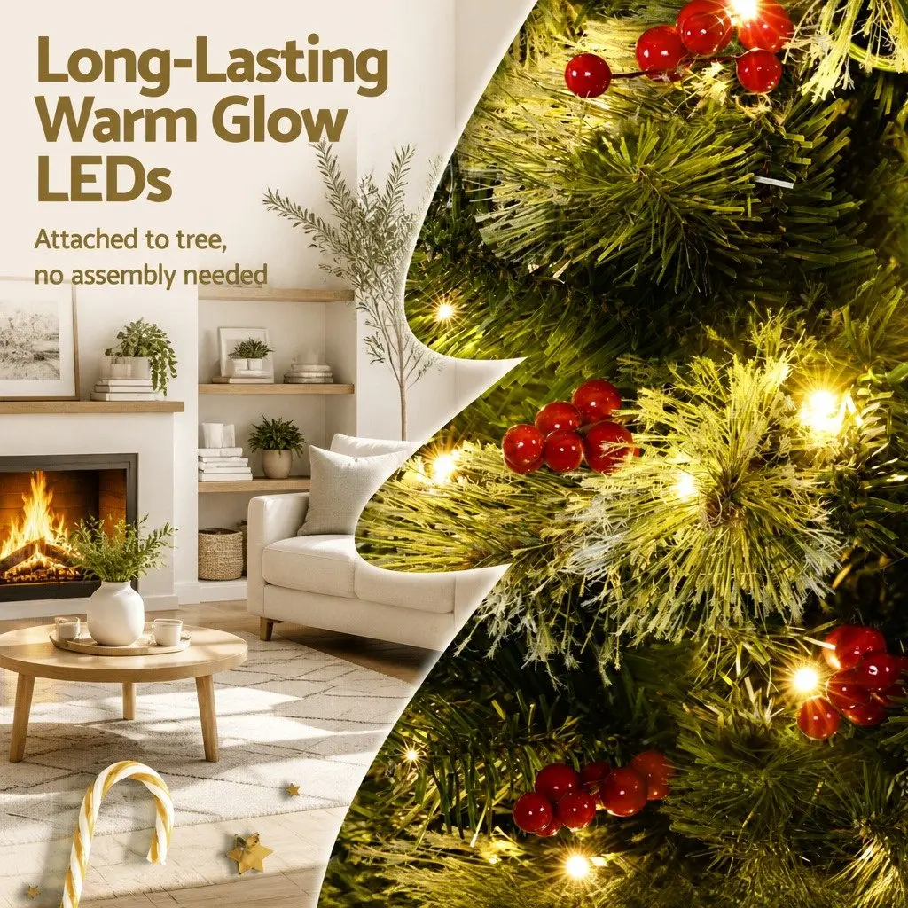 Christmas Tree 180cm LED Pine Tree with Red Berries Pre-lit for Home Decoration 6FT