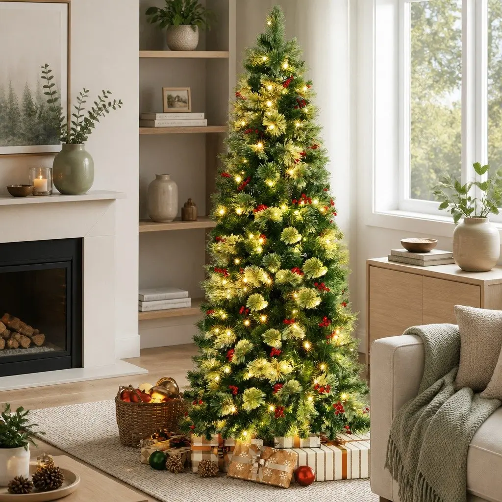 Christmas Tree 180cm LED Pine Tree with Red Berries Pre-lit for Home Decoration 6FT