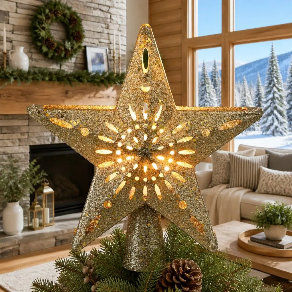 Christmas Tree Topper Gold 26cm Laser Snowflake Projector