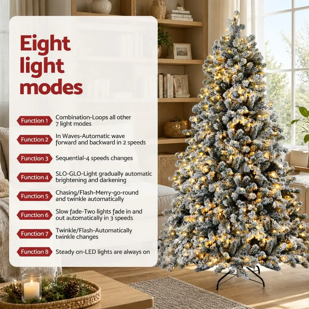Christmas Tree Green 1.8m Pre-Lit LED Snow Flocked 8 Light Modes
