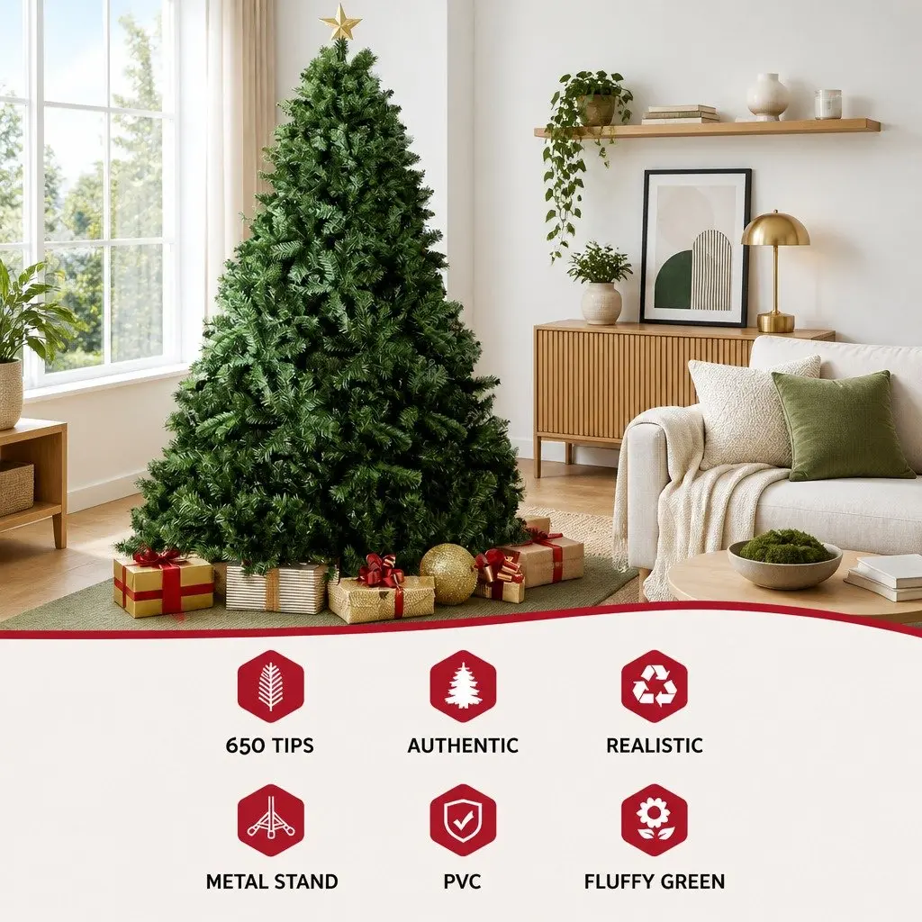 Christmas Tree 1.8m Green Faux Xmas Decoration 650 PVC Tips Metal Stand Easy