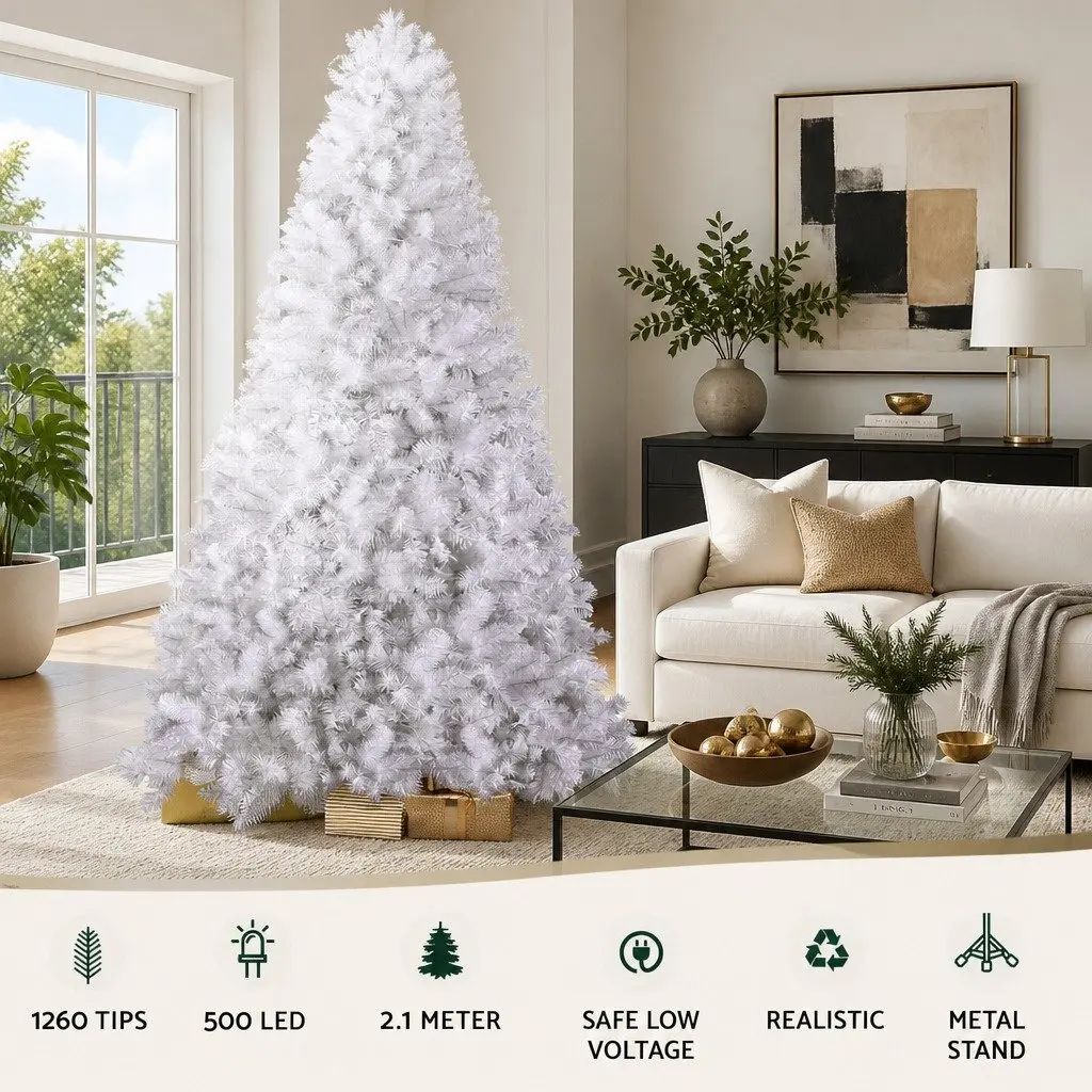 Christmas Tree White 2.1m 500 LED Lights PVC Tips Metal Stand Holiday Decor