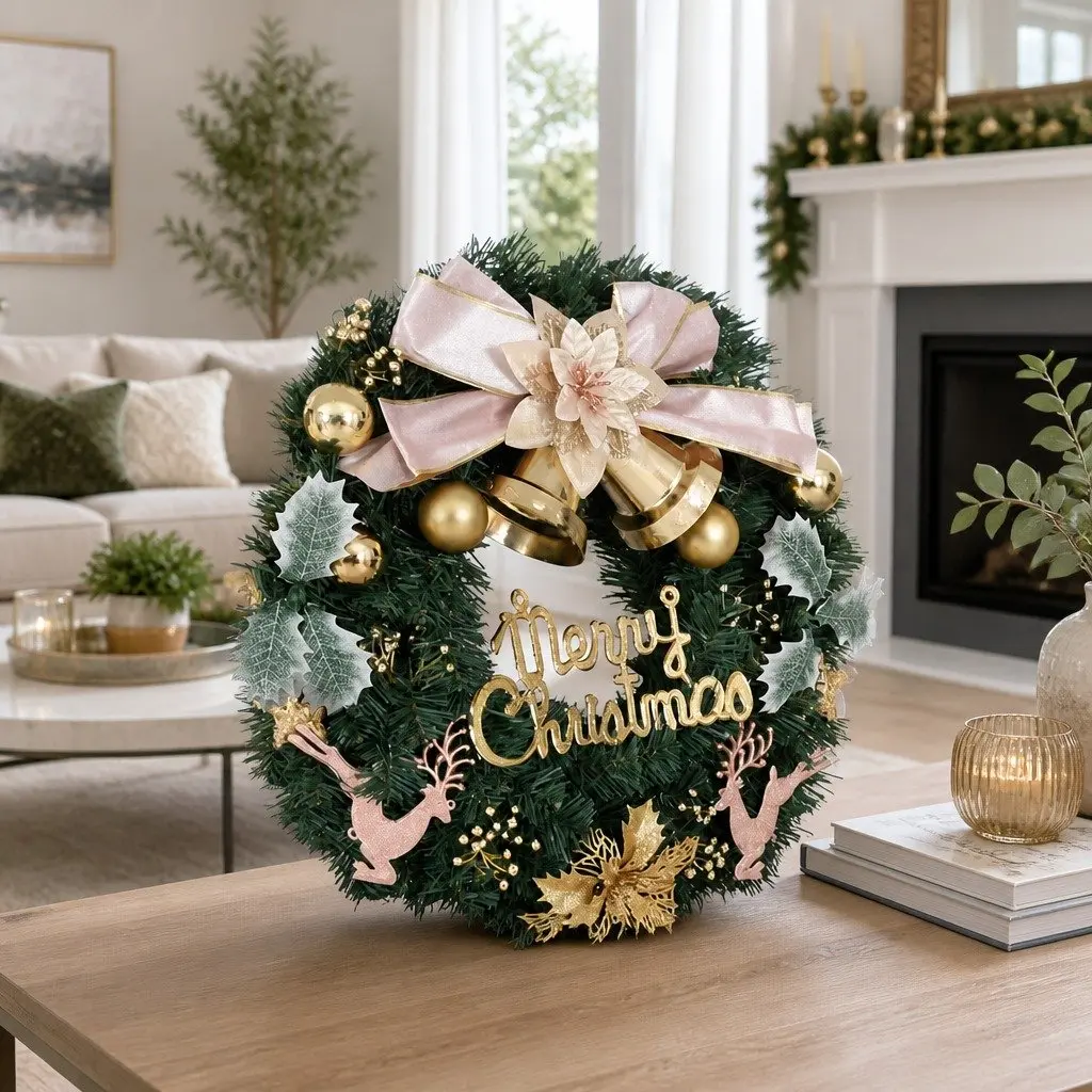 Christmas Wreath Green 60CM Baubles Reindeer Gold Bow Indoor Outdoor Display