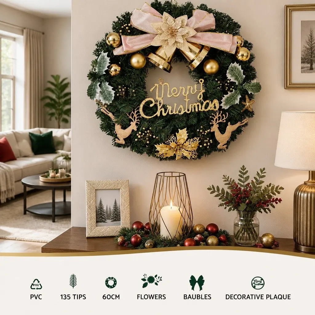 Christmas Wreath Green 60CM Baubles Reindeer Gold Bow Indoor Outdoor Display
