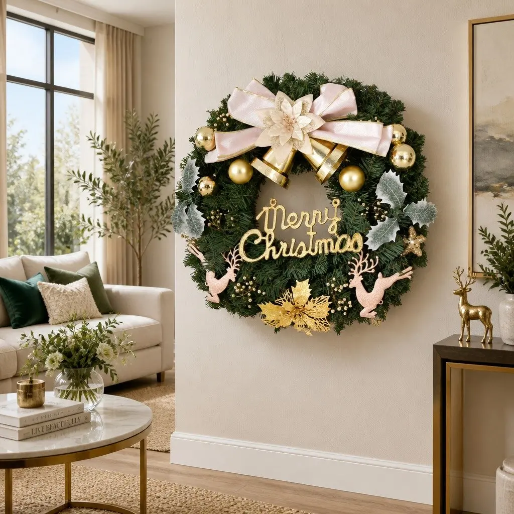 Christmas Wreath Green 60CM Baubles Reindeer Gold Bow Indoor Outdoor Display