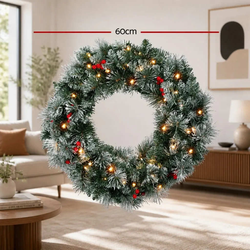 Christmas Wreath 60cm Green Pre-lit with Warm LED Lights Artificial Red Berries Pine Needles