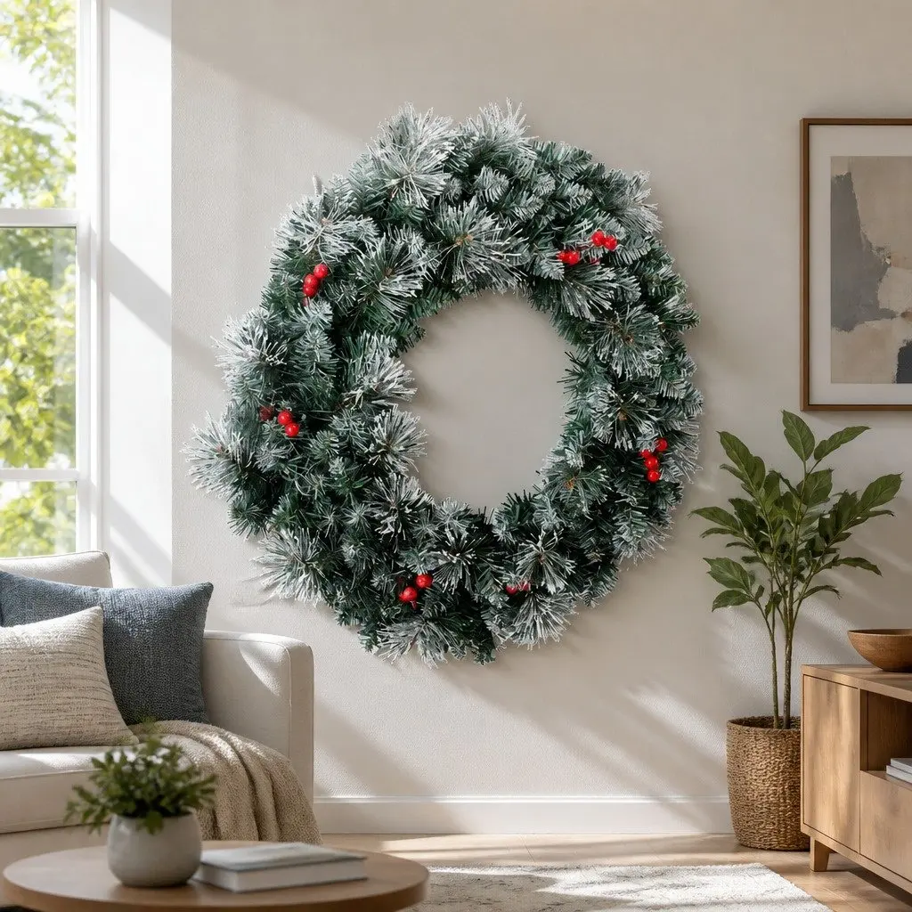 Christmas Wreath 60cm Green Pre-lit with Warm LED Lights Artificial Red Berries Pine Needles