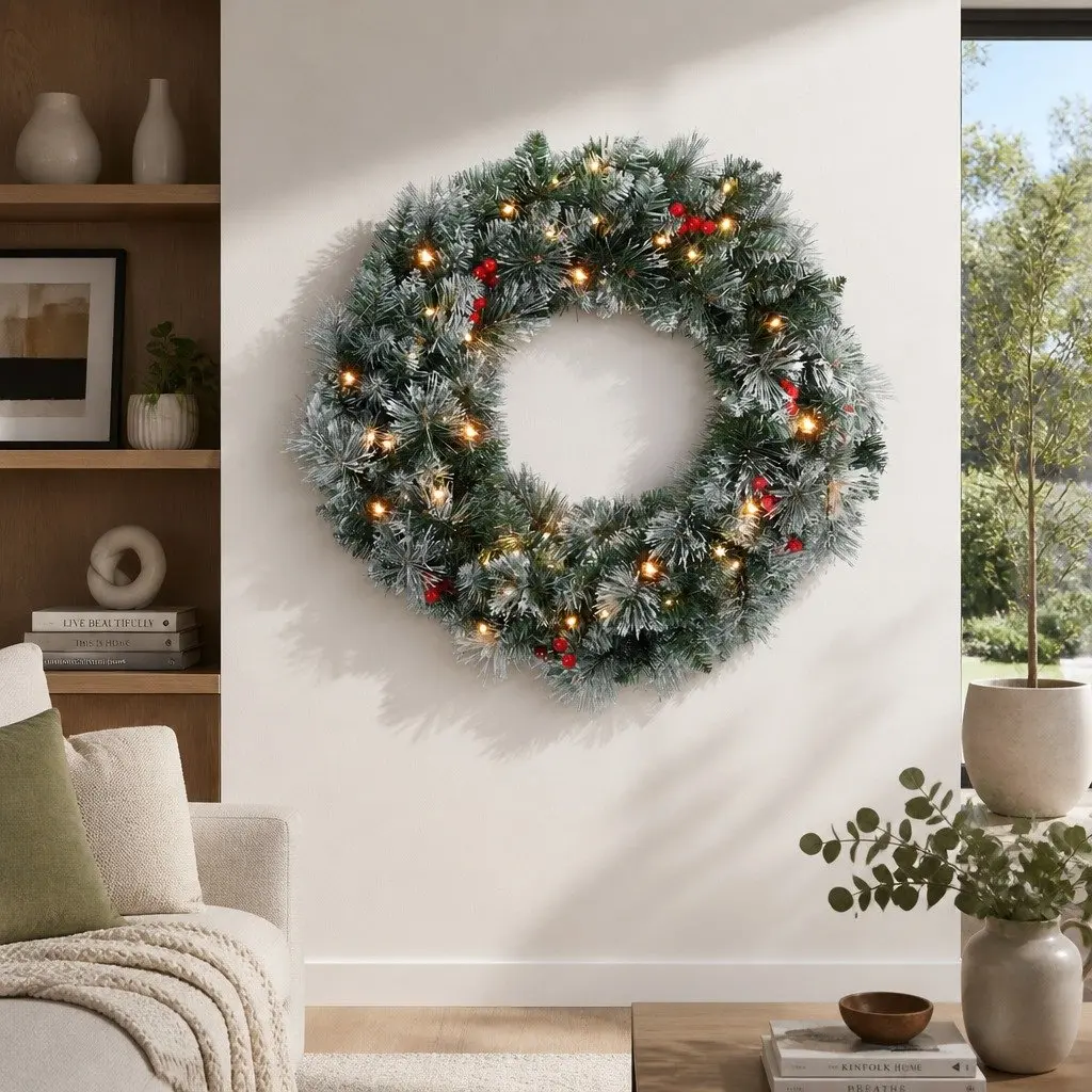Christmas Wreath 60cm Green Pre-lit with Warm LED Lights Artificial Red Berries Pine Needles