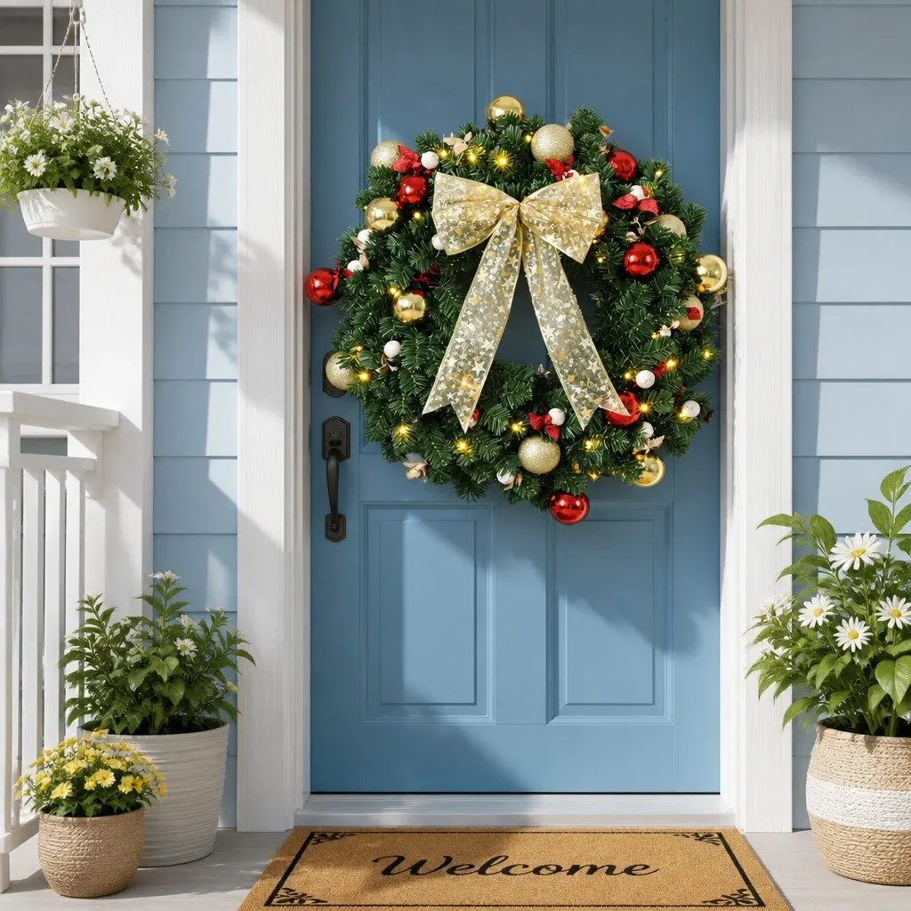 Christmas Wreath Green 60cm Prelit with 40 LED Lights Baubles Berries Bow