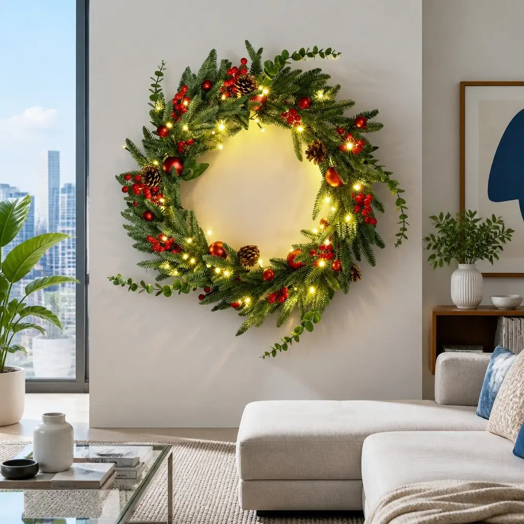 60cm Christmas Wreath Green Pre-lit with 50 Warm White LED Lights Pine Cones Red Berries Indoor Outdoor Use