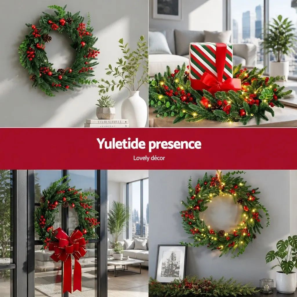 60cm Christmas Wreath Green Pre-lit with 50 Warm White LED Lights Pine Cones Red Berries Indoor Outdoor Use