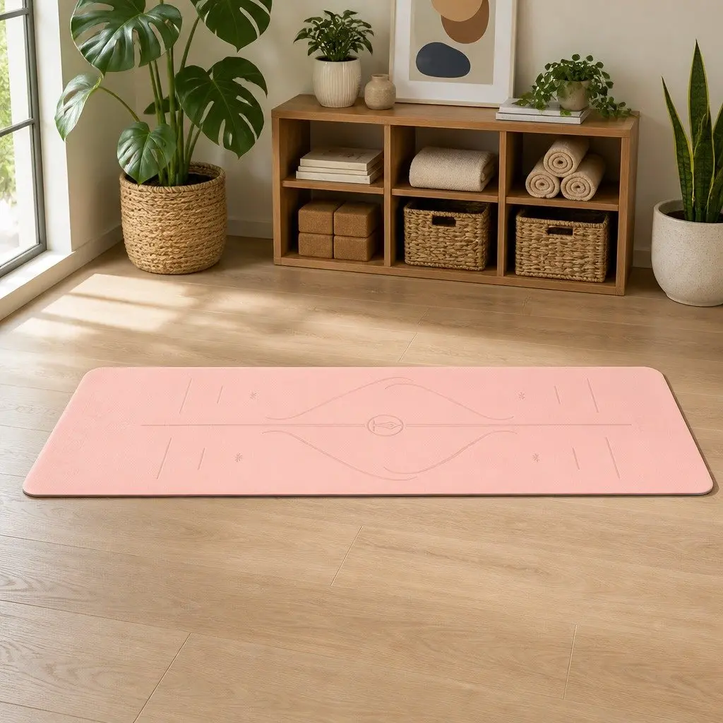Yoga Mat Pink 183cm Non-Slip with Alignment Lines