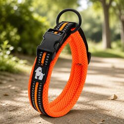 Heavy Duty Dog Collar with Reflective Safety Design Orange XL Size Secure Leash