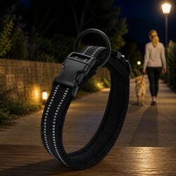 Heavy Duty Reflective Dog Collar Black 3XL Safety Lock Stainless Steel O Ring