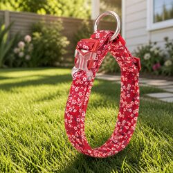 Floral Dog Collar Padded Snap Buckle O Ring Leash Attachment 3XL Red