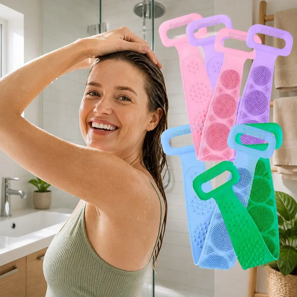Back Scrub Strap with Towel and Brush for Shower Exfoliation