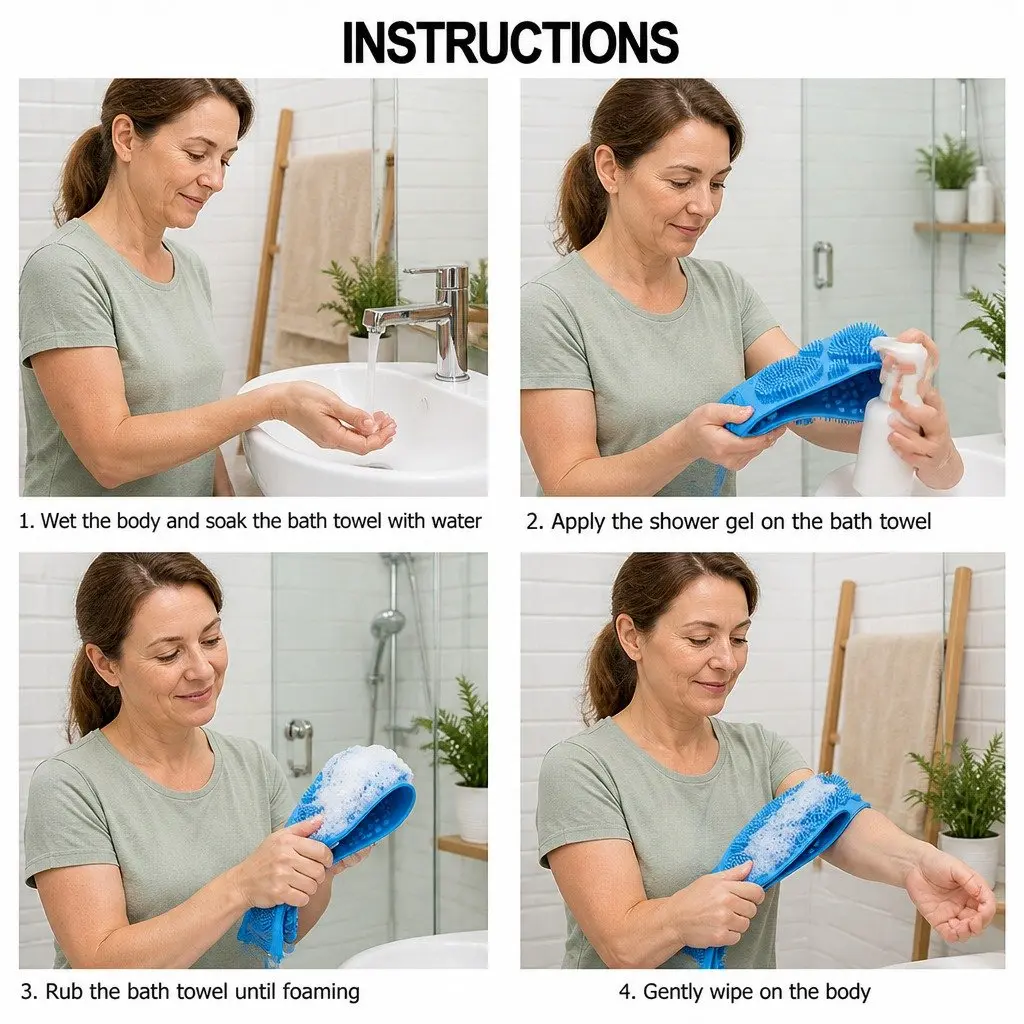 Back Scrub Strap with Towel and Brush for Shower Exfoliation