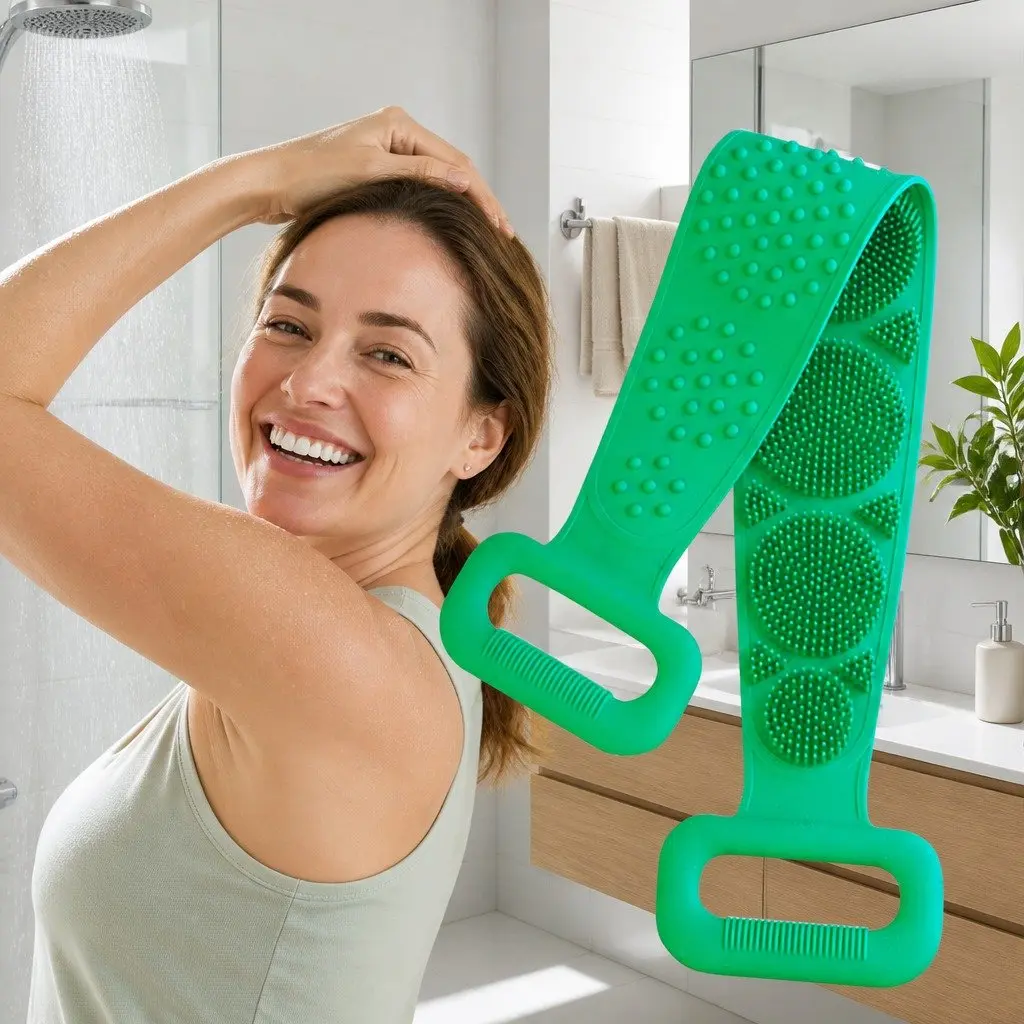 Exfoliating Bath Scrub Strap Green 60cm Double-sided Soft Bristles Ergonomic Handle