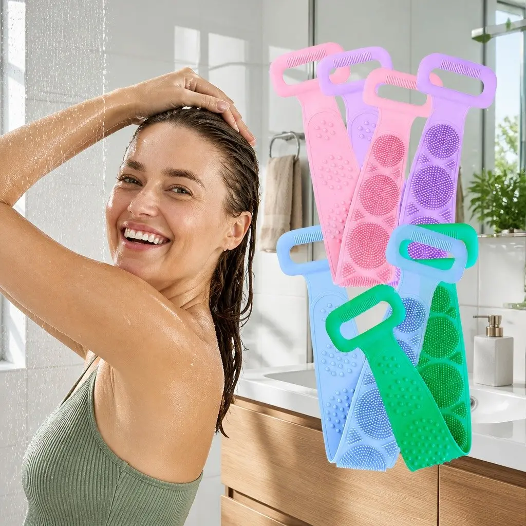 Exfoliating Bath Scrub Strap Green 60cm Double-sided Soft Bristles Ergonomic Handle
