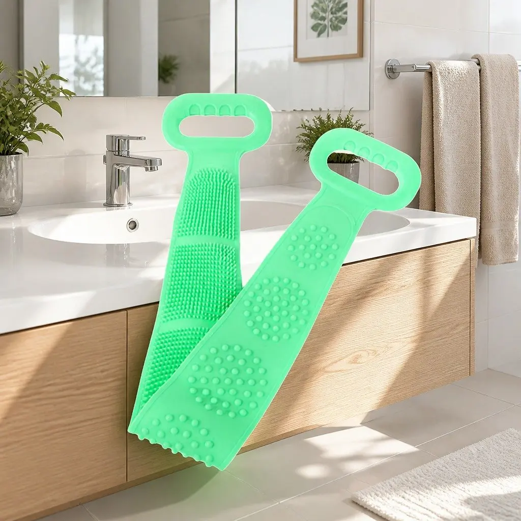 Exfoliating Bath Scrub Strap Green 60cm Double-sided Soft Bristles Ergonomic Handle