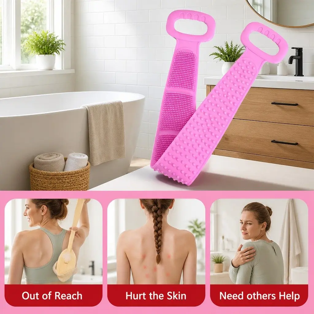Bath Towel Pink 60cm Exfoliating Back Scrub Strap