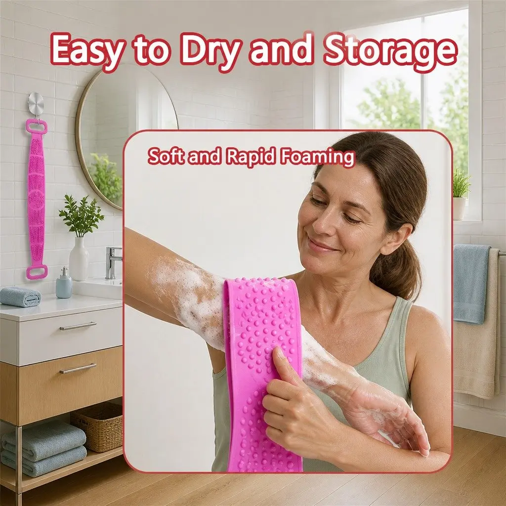 Bath Towel Pink 60cm Exfoliating Back Scrub Strap
