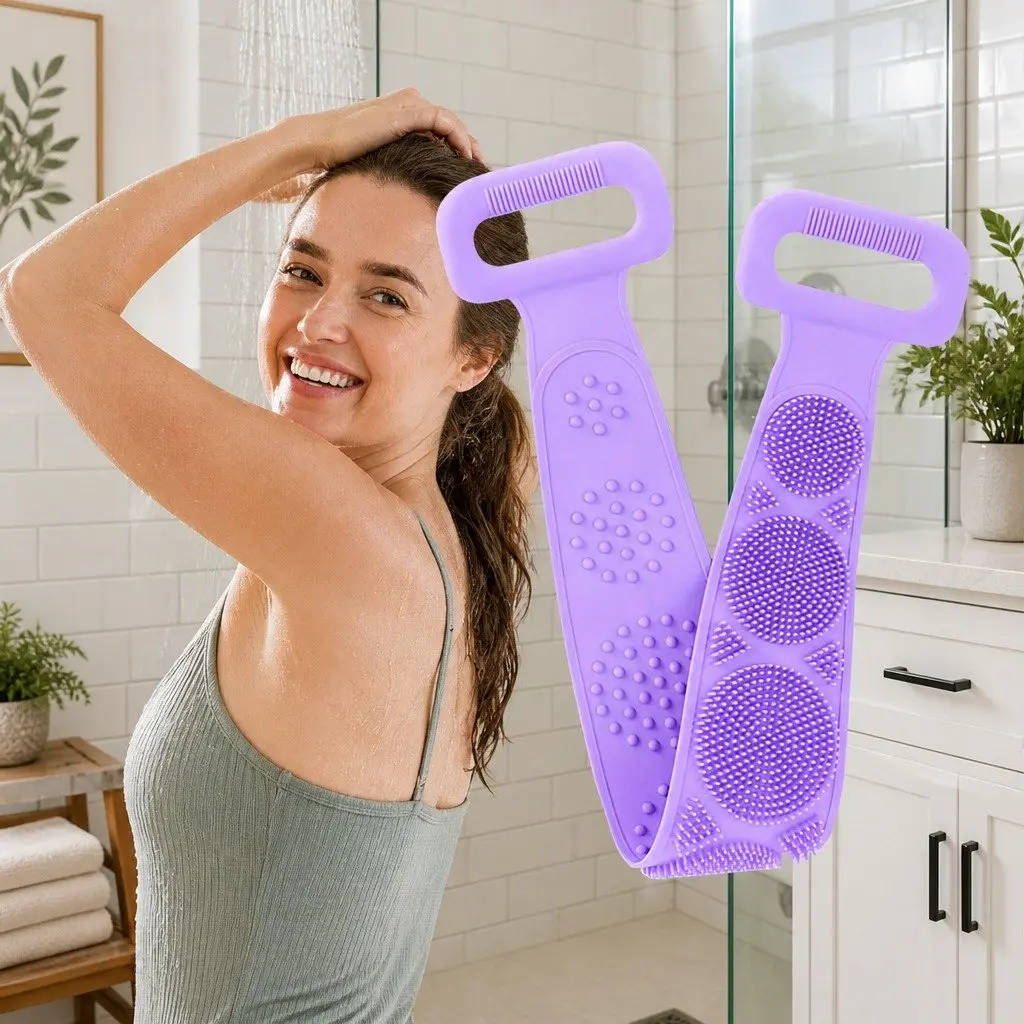 Silicone Bath Scrub Brush Purple 60x11cm Double-sided Exfoliating Tool