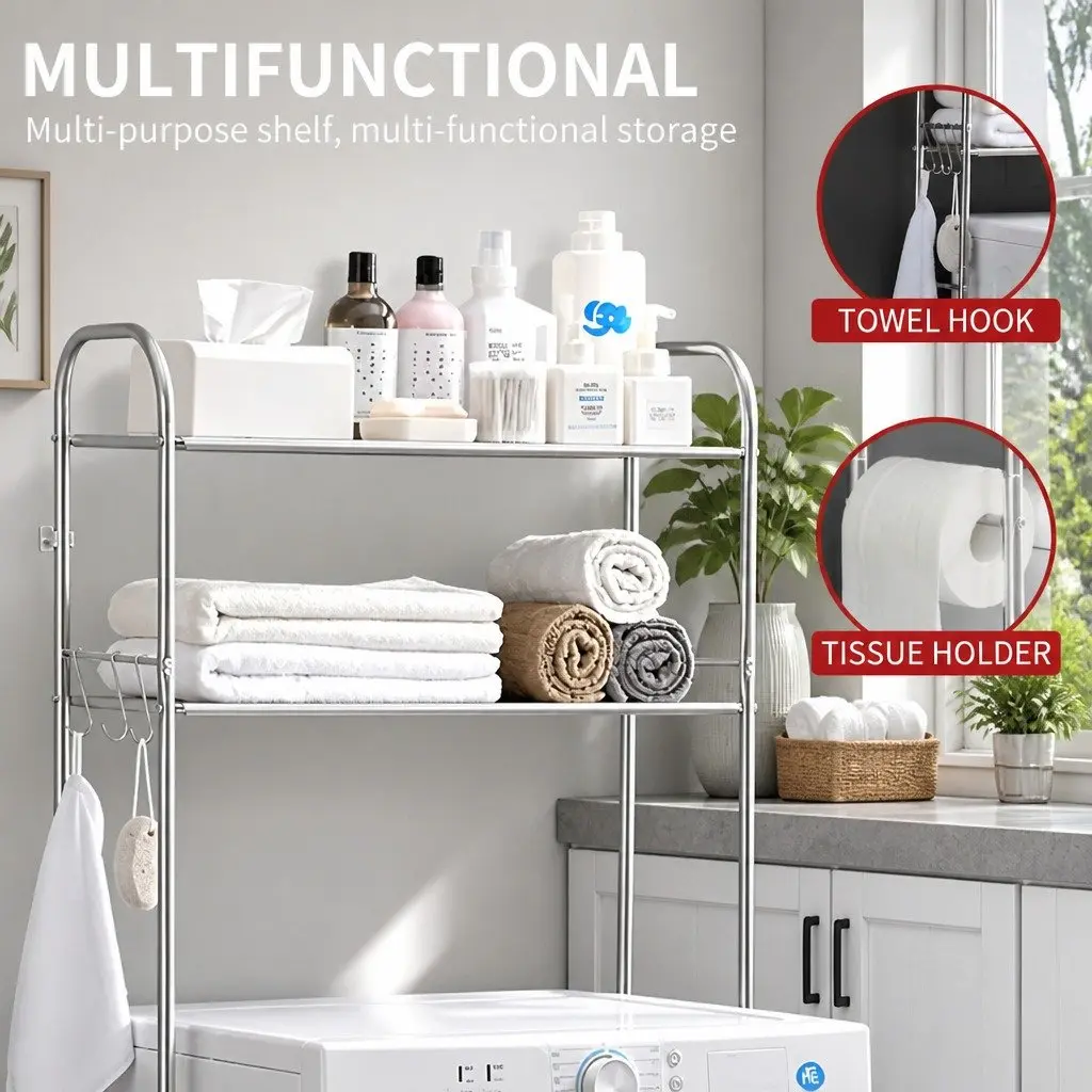 2-Tier Storage Rack Silver 155x48x25cm Stainless Steel Organizer for Washing Machine